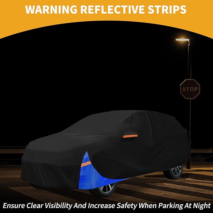 Waterproof All-Weather Universal Car Cover with Right Side Zipper, 210D-PU Black Blue Fits for SUV 190" to 200" Length