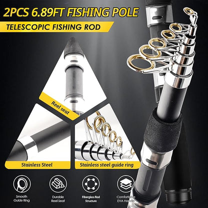 Telescopic Fishing Rod Reel Kit 2pcs 6.89FT Collapsible Spinning Pole Reel Combo Compact Fishing Lures Tackle Accessories Lightweight Travel Fishing Gear Set for Saltwater Freshwater Fishermen Gift