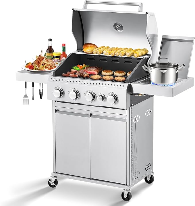 MELLCOM Stainless Steel 4 Burner BBQ Propane Gas Grill with Cast Iron Grates & Side Stove, Stainless Steel 44000 BTU Burner Barbecue Grill for Patio,Camping, Outdoor Cooking