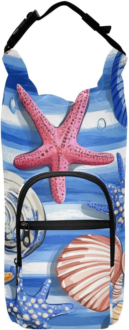 Blue Striped Starfishes Seashells Corals Water Bottle Holder with Strap Insulated Water Bottle Carrier Crossbody Bags Pouch with Phone Pocket for Travel Gym Hiking Walking Running