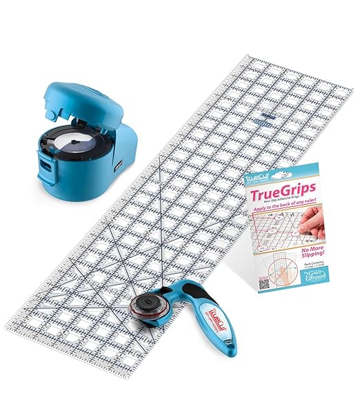 Truecut Quilter’s Ruler & Rotary Cutter Combo– Includes 45mm My Comfort Rotary Cutter, 6.5 x 24.5 Inch Ruler, Ruler Grips, & TrueSharp 2 Rotary Blade Sharpener