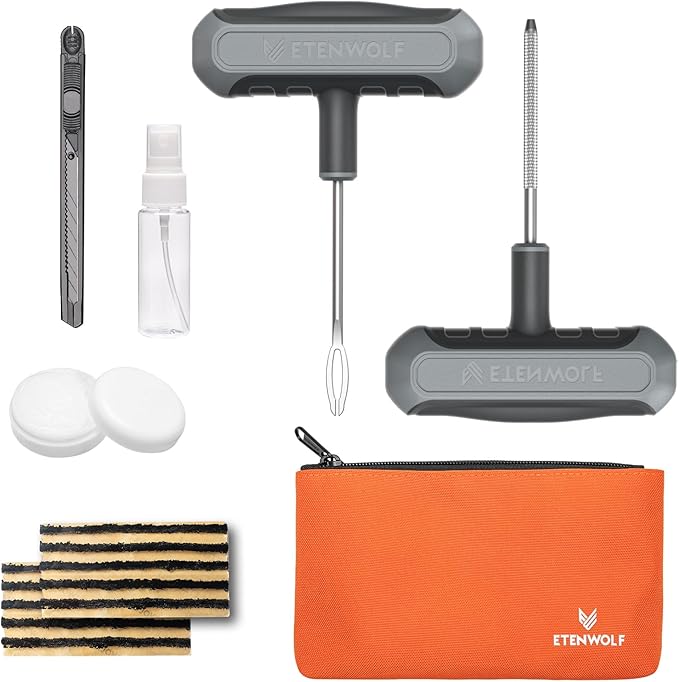 ETENWOLF Flat Tire Repair Kit with Plugs 16 Pcs, Heavy Duty Tire Plug Kit for Car, Motorcycle, ATV, Jeep, Truck, Tractor (Grey)