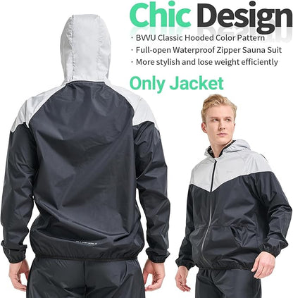 BVVU Sauna Suit for Men Zipper Sweat Suits with Hood Sauna Jacket Pants Gym Workout Full Body