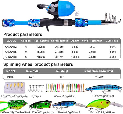 PROBEROS Kids Fishing Pole - Portable Telescopic Fishing Rod and Reel Combo Kit - Spincast Fishing Reel Casting Rods with Lures Lines Tackle Box and Bag for Boys Girls Youth Fishing