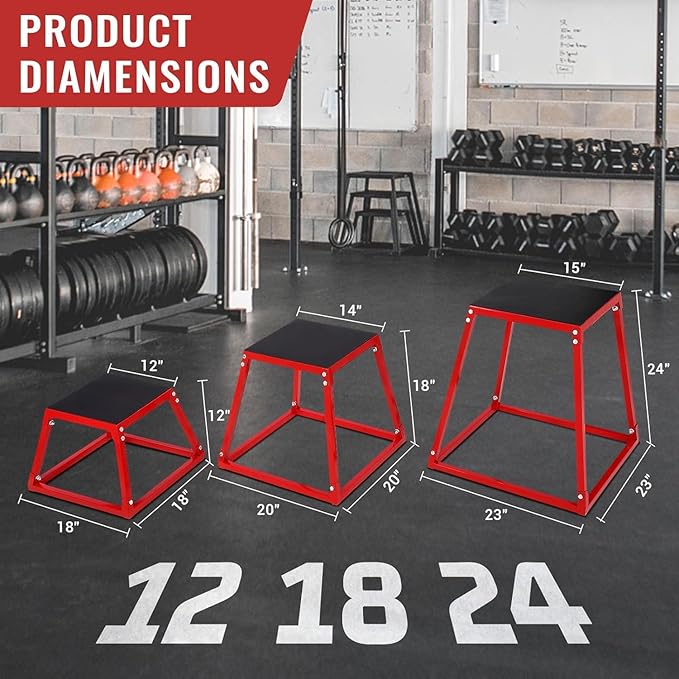 Plyometric Jump Box,Heavy Duty Steel Jumping Box with Rubber Pad,Step Up Box Set(12 18 24 Inch),550lbs Capacity,Deadlift Platform for Strength Training Conditioning Step Up Workouts Men Women Red