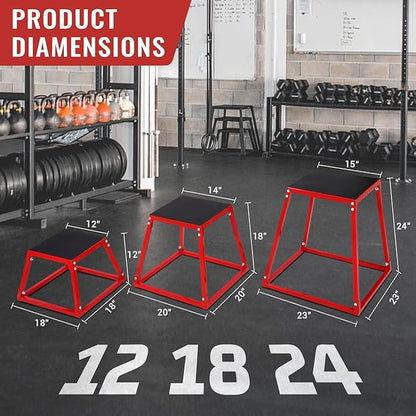 Plyometric Jump Box,Heavy Duty Steel Jumping Box with Rubber Pad,Step Up Box Set(12 18 24 Inch),550lbs Capacity,Deadlift Platform for Strength Training Conditioning Step Up Workouts Men Women Red