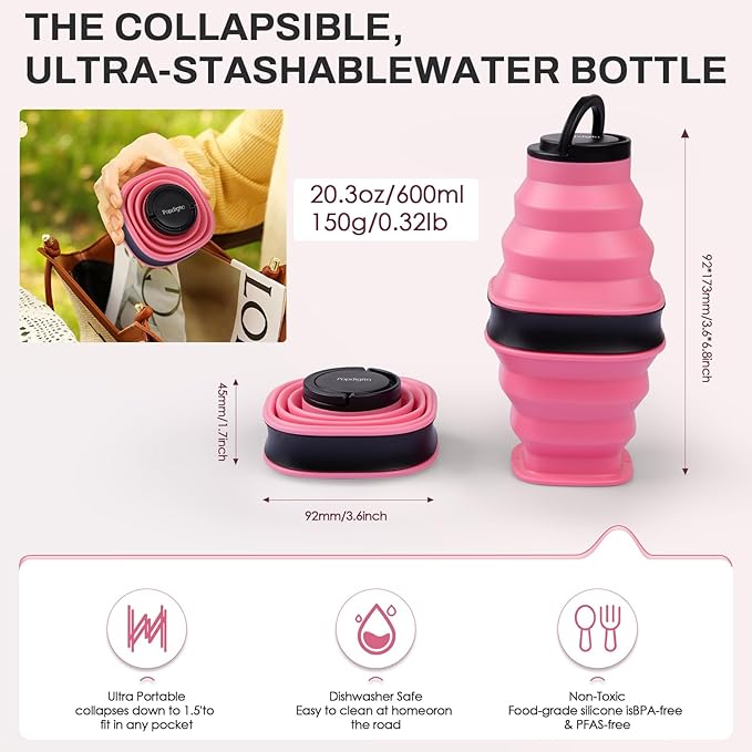 Collapsible Water Bottles with Anti-Collapse Ring,600ml Foldable Water Bottle BPA Free Reusable Lightweight LeakProof Silicone for Travel Hiking Camping Gym Sports，Collapses to 1.5” Pink