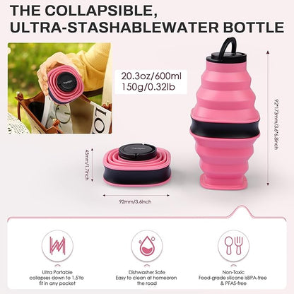 2pcs Collapsible Water Bottles,600ml Foldable Water Bottle BPA Free Reusable Lightweight LeakProof Silicone Bottle for Travel Hiking Camping Sports,Collapses to 1.5” with Anti-Collapse Ring