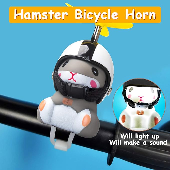 wonuu Duck Bike Bell with Light and Helmet Cute Hamster Bicycle Horn, Dashboard Decoration Hamster Toy Motorcycle Bike Bells Rubber Duck Car Dashboard Decorations (White&Star-Hamster)