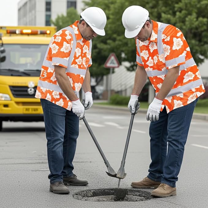 High Visibility Hawaiian Shirt for Men Tropical Shirts Custom Name Floral Outfit Reflective Safety Workwear