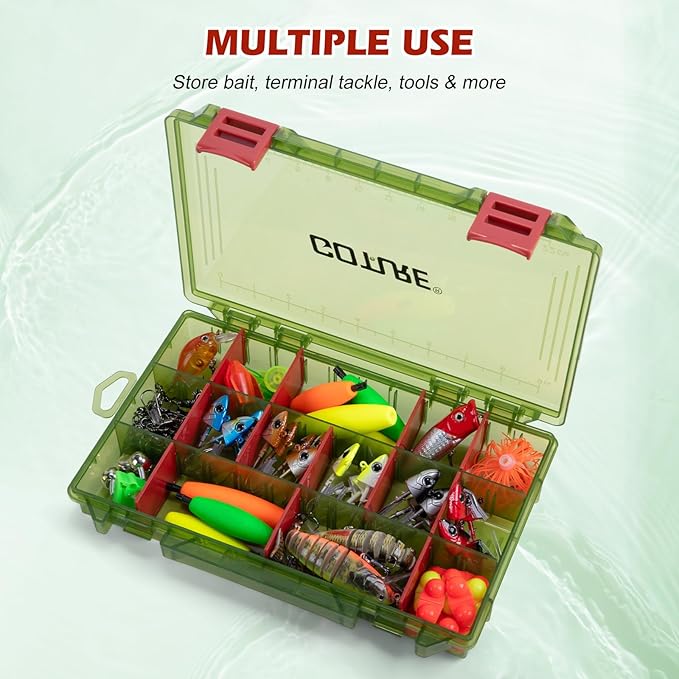 Goture Fishing Tackle Box Organizer - Transparent Fishing Organizer Box w/Measurement Ruler, Adjustable Dividers, Dual Latches | 4 Pcs 3600 Tackle Tray| Ergonomic Grip