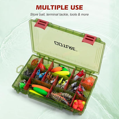 Goture Fishing Tackle Box Organizer - Transparent Fishing Organizer Box w/Measurement Ruler, Adjustable Dividers, Dual Latches | 4 Pcs 3600 Tackle Tray| Ergonomic Grip