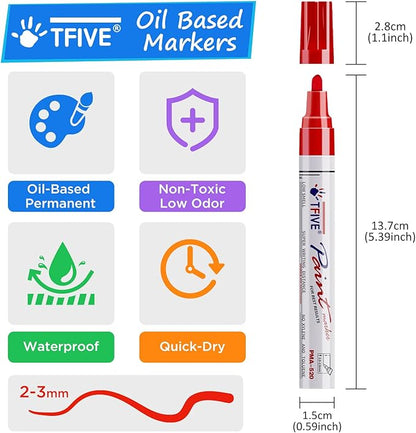 TFIVE Silver Paint Pens Permanent Markers - 24 Pcs Oil Based Paint Markers Set, Quick Dry, Waterproof, Fade Resistant, Medium Tip Marker Pens for Metal, Rock, Wood, Plastic, Canvas, Glass, Rubber