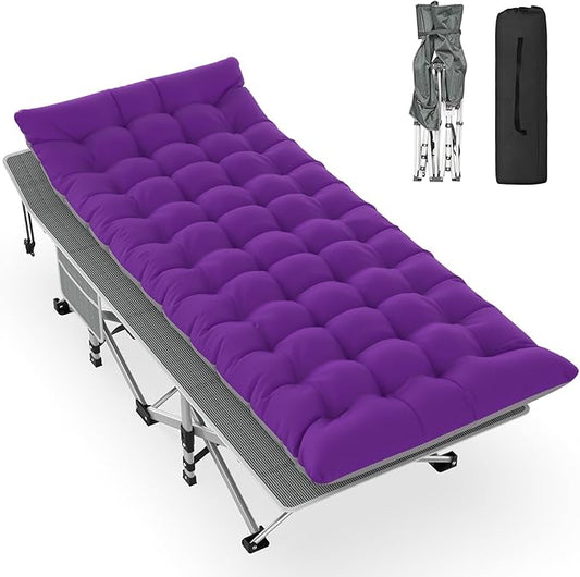 Slendor Folding Camping Cot with Mattress, 74" L x 28" W x 15" H Camp Cots for Adults, Portable Sleeping Cot Bed for Tent, Office, Travel, Max. 500lbs Load, Striated Gray Cot, Gray+Purple Pad