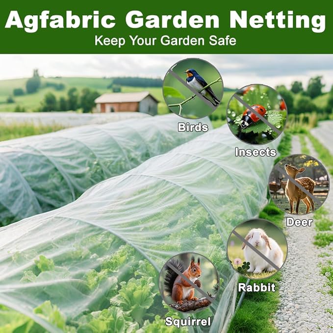Agfabric Garden Netting 9.8X 49.2 FT Insect Pest Barrier Bird Netting for Garden Protection,Row Cover Mesh Netting for Vegetables Fruit Trees and Plants,White