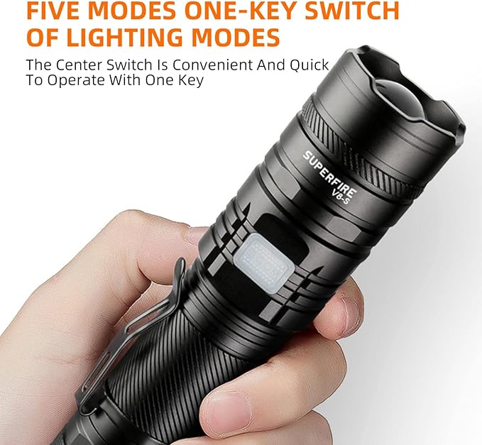 SuperFire Tactical Flashlight - 2300 Lumens Rechargeable LED Flashlight | 5 Modes & Clip | Long-Lasting & Dependable Light for Mechanics, Hiking, Camping, Emergency, Home Use (V8-S)