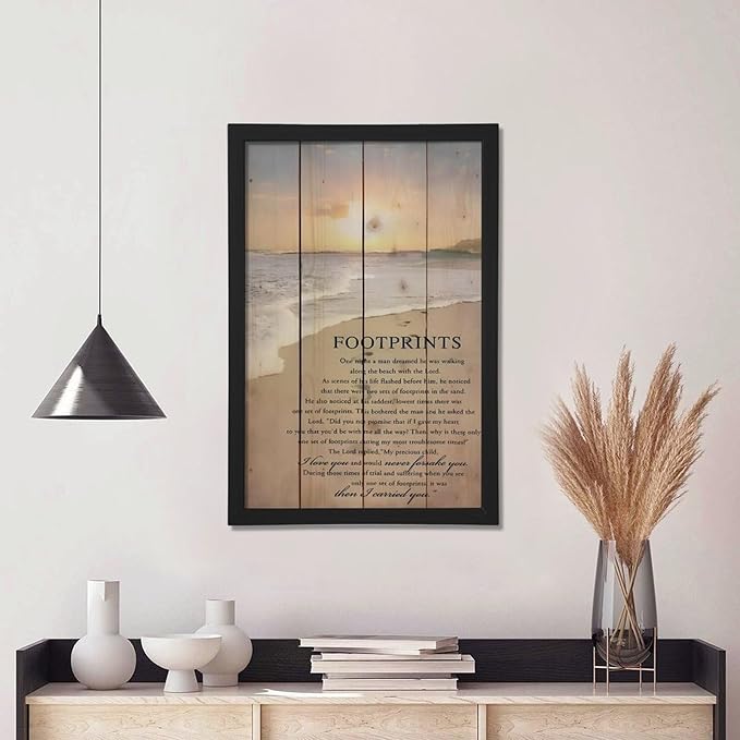 Footprints in the Sand Religious Canvas Wall Art Posters, Inspirational Beach Sunset Poem Print Poster (Black Framed 20x30inch, Footprints(1))