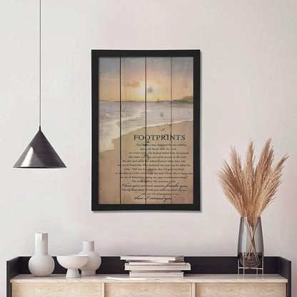 Footprints in the Sand Religious Canvas Wall Art Posters, Inspirational Beach Sunset Poem Print Poster (Black Framed 16x24inch, Footprints(1))