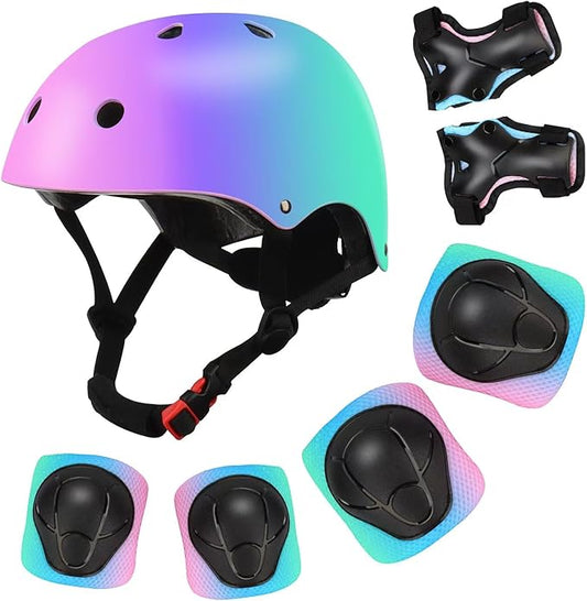 Color Gradient Adjustable Kids Bike Helmet with Knee & Elbow Pads Set | Multi-Sport Safety Gear for Boys & Girls Ages 5-14 | Skateboarding, Scooters, Roller & Inline Skating, Longboarding