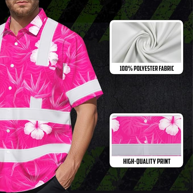 High Visibility Hawaiian Shirt for Men Tropical Shirts Custom Name Floral Outfit Reflective Safety Workwear