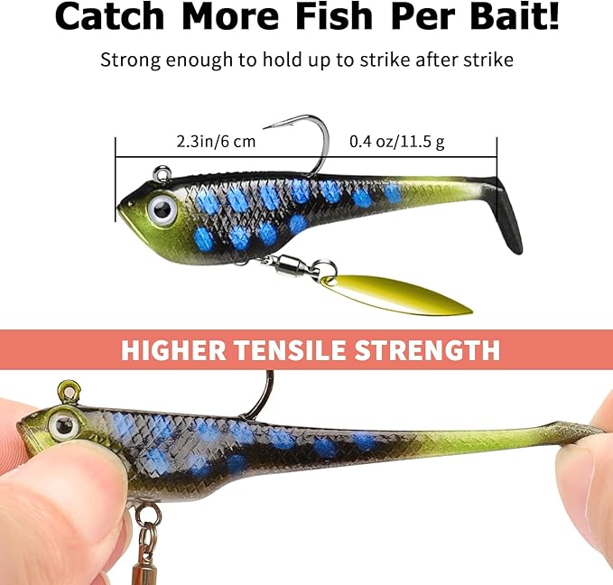 TRUSCEND Easy Catch Pre-Rigged Soft Lures, Unique Vibrating Swim Action and Trembly Sinking Move for More Bites, Amazing Soft Swimbait for Family Fishing, Fishing Lures for Bass Trout Crappie Walleye