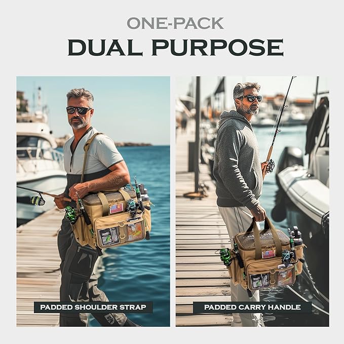 Ghosthorn Fishing Tackle Bag with Rod Holder Saltwater & Freshwater Resistant Large Tackle Box Bag - Adjustable Padded Shoulder Strap (Khaki)