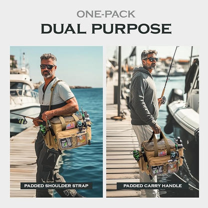 Ghosthorn Fishing Tackle Bag with Rod Holder Saltwater & Freshwater Resistant Large Tackle Box Bag - Adjustable Padded Shoulder Strap (Khaki)