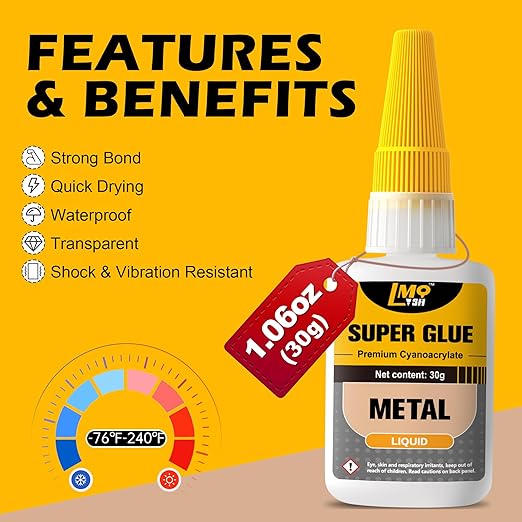 Metal Super Glue Liquid, Clear Instant Cyanoacrylate Adhesive for Metal Repair, All Purpose CA Glue for Shoe Ceramic Repair Plastic Leather Glass Wood Steel Pottery Porcelain Fletching Waterproof