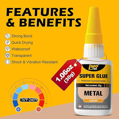 Metal Super Glue Liquid, Clear Instant Cyanoacrylate Adhesive for Metal Repair, All Purpose CA Glue for Shoe Ceramic Repair Plastic Leather Glass Wood Steel Pottery Porcelain Fletching Waterproof