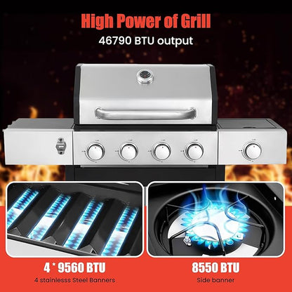 HYCHIKA 4-Burner Propane Grill with Sear & Side Burner, 46790 BTU Gas Grill with Griddle Pan & Enameled Cast Iron Grates, BBQ Grill with 439 Sq. In. Grilling Area for Outdoor, Patio, Backyard Babecue