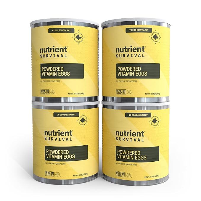 4 Cans, 70 Egg Equivalent per can - Nutrient Survival Vitamin Powdered Eggs Freeze Dried Prepper Supplies & Emergency Food Supply, 33 Essential Nutrients, Gluten Free, Shelf Stable Up to 25 Years