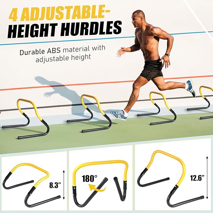 Agility Speed Training Equipment Set, Football Practise Set with 20ft Agility Ladder, 12 Cones, 4 Adjustable Hurdles, Jump Rope, Parachute, for Basketball, Soccer, Football, Kids, Youth, Adults