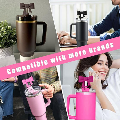 6Pcs Silicone Straw Toppers Covers for Stanley Cups 40/30oz 10mm(0.4in) Black Dust-Proof Bow Straw Covers Toppers Dark Purple Suitbale for Stanley Cup Accessories Reusable Straws Caps