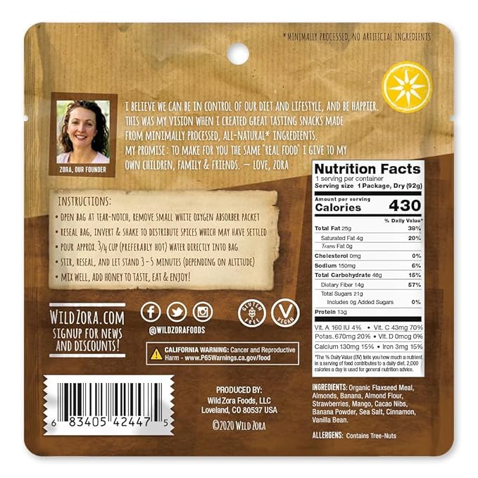 Wild Zora Paleo Freeze Dried Breakfast Meals, 6 Pack, Gluten Free Camping and Backpacking Food, No Added Sugar, Healthy On-the-Go Travel Meal, Coconut Berry, Cacao Banana, and Pineapple Mango Flavors