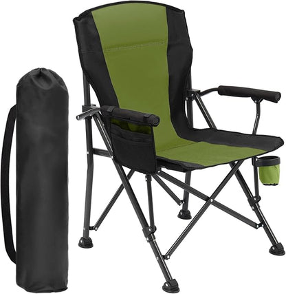 Oversized Folding Camping Chair for Adults, Supports 450 LBS Camping Chairs, Heavy Duty Camping Chair with Side Pockets, Foldable Outdoor Chair for Camping, Beach, Fishing, Hiking, Green-Black