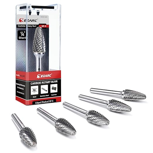 EZARC 5PCS Tungsten Carbide Rotary Burr Set, SF-5 Double Cut Carbide Burr 1/4" Shank Die Grinder Bits for Metal Working & Sturdy Storage Case