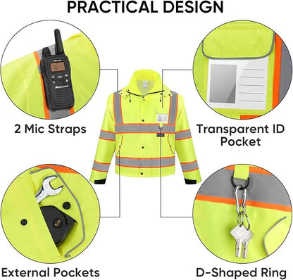 TICONN Reflective Rain Jacket Safety Jacket, Waterproof Hi Vis Rain Coat, Class III High Visibility Coat (Yellow&Black, S)