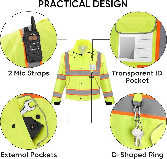 TICONN Reflective Rain Jacket Safety Jacket, Waterproof Hi Vis Rain Coat, Class III High Visibility Coat (Yellow&Black, S)