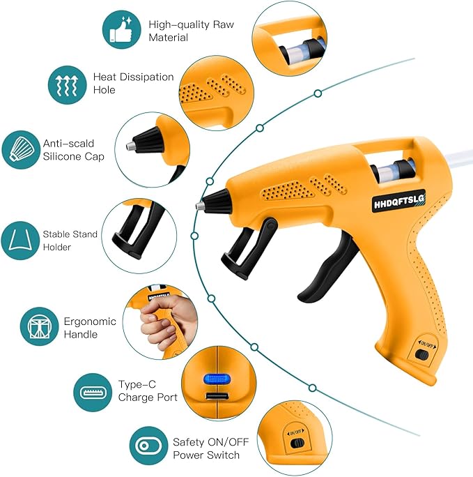 Cordless Hot Glue Gun, 20W Glue Gun with 30 Glue Sticks, 90S Fast Preheating, 2600mAh USB-C Rechargeable Hot Melt Gun for DIY Crafts, Gift Making, Home Repairs & Decoration, Gift Making (Yellow)