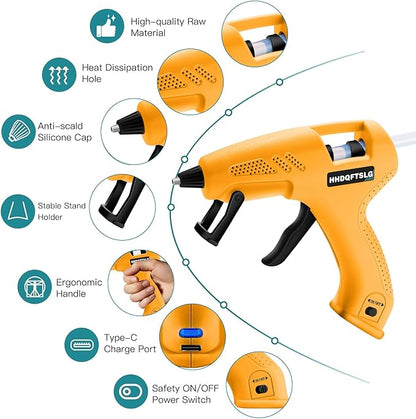 Cordless Hot Glue Gun, 20W Glue Gun with 30 Glue Sticks, 90S Fast Preheating, 2600mAh USB-C Rechargeable Hot Melt Gun for DIY Crafts, Gift Making, Home Repairs & Decoration, Gift Making (Yellow)