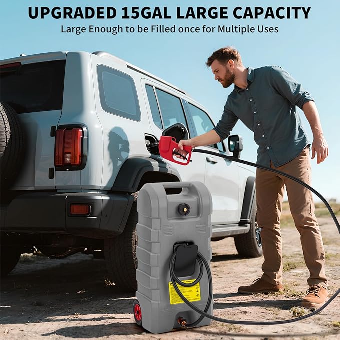 15 Gallon Gas Can, Fuel Transfer Tank, Portable Fuel Tank With Pump, Portable Gasoline Tank On Wheels With Le Fluid Transfer Siphon Pump and 10-Inch Hose, for Cars, Boats, Lawnmowers, ATVs, Tractor