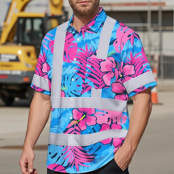 High Visibility Hawaiian Shirt for Men Tropical Shirts Custom Name Floral Outfit Reflective Safety Workwear