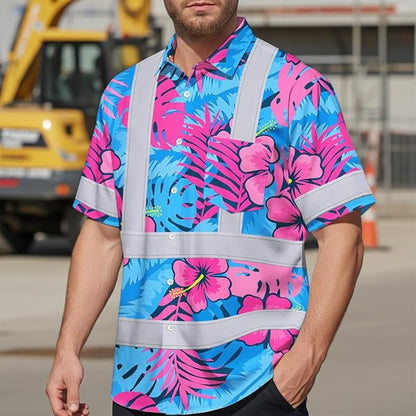 High Visibility Hawaiian Shirt for Men Tropical Shirts Custom Name Floral Outfit Reflective Safety Workwear