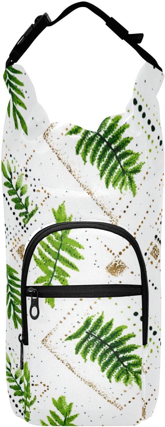 Green Boho Leaves Water Bottle Holder with Strap Insulated Water Bottle Carrier Crossbody Bags Pouch with Phone Pocket for Travel Gym Hiking Walking Running