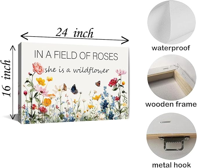 In a Field of Roses She is a Wildflower Nursery Canvas Wall Art Decor for Baby Girl Room Pink Toddler Poster Children's Floral Boho Bedroom Framed 16 * 24 Inch
