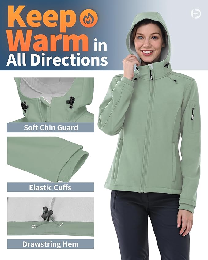 Outdoor Ventures Women's Softshell Jacket with Hood Fleece Lined Warm Lightweight Waterproof Insulated Windbreaker