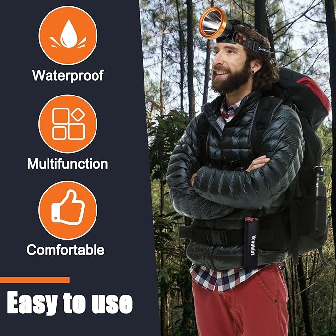 Super Bright Headlamp Rechargeable LED Headlight with Battery, High Power Waterproof Spotlight Flashlight Torch, Coon Hunting Light for Outdoor Camping, Hiking, Fishing, Running, Garden Work