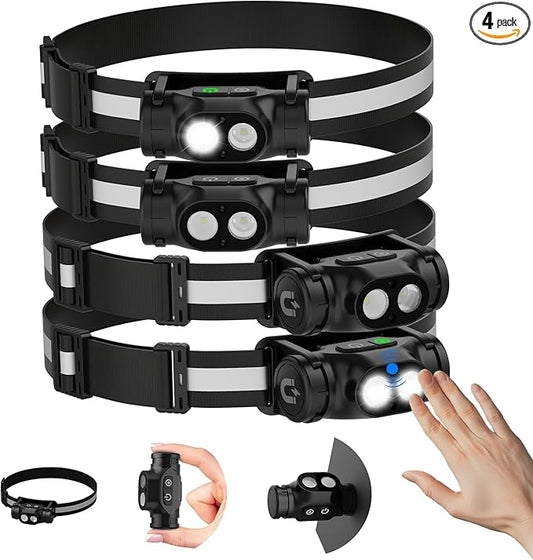Rechargeable Running Headlamp, High Lumens Bright Head Lamp Led with Motion Sensor, 4 Modes, Magnet, Detachable Flashlight & Headband for Adult, Outdoor, Emergency, Hard Hat Light 4PC