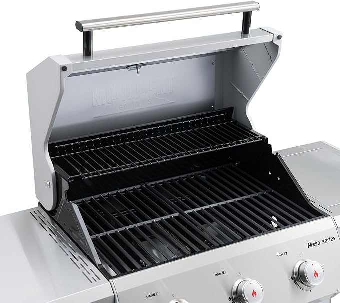 Monument Grills Outdoor Barbecue Stainless Steel 3 Burner Propane Gas Grill, 48,000 BTU Patio Garden Grill with Side Burner and Knob Controls, Mesa305 with BBQ Cover