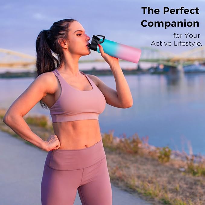 Neihepal 22 oz Insulated Water Bottle with Straw Lid, Double Walled Vacuum Stainless Steel Water Bottles Leak Proof, Wide Mouth (Green Pink,1 Pack)